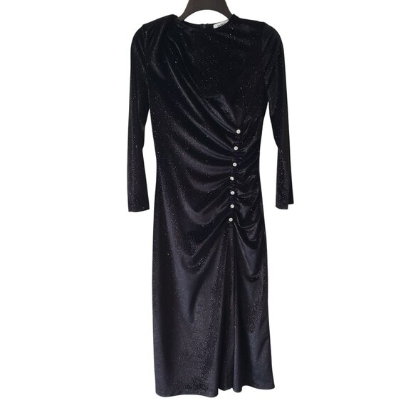 Sandro Black Crystal Rhinestone Buttons Sparkly Velvet Midi Dress Fall Gothic - Picture 2 of 12
